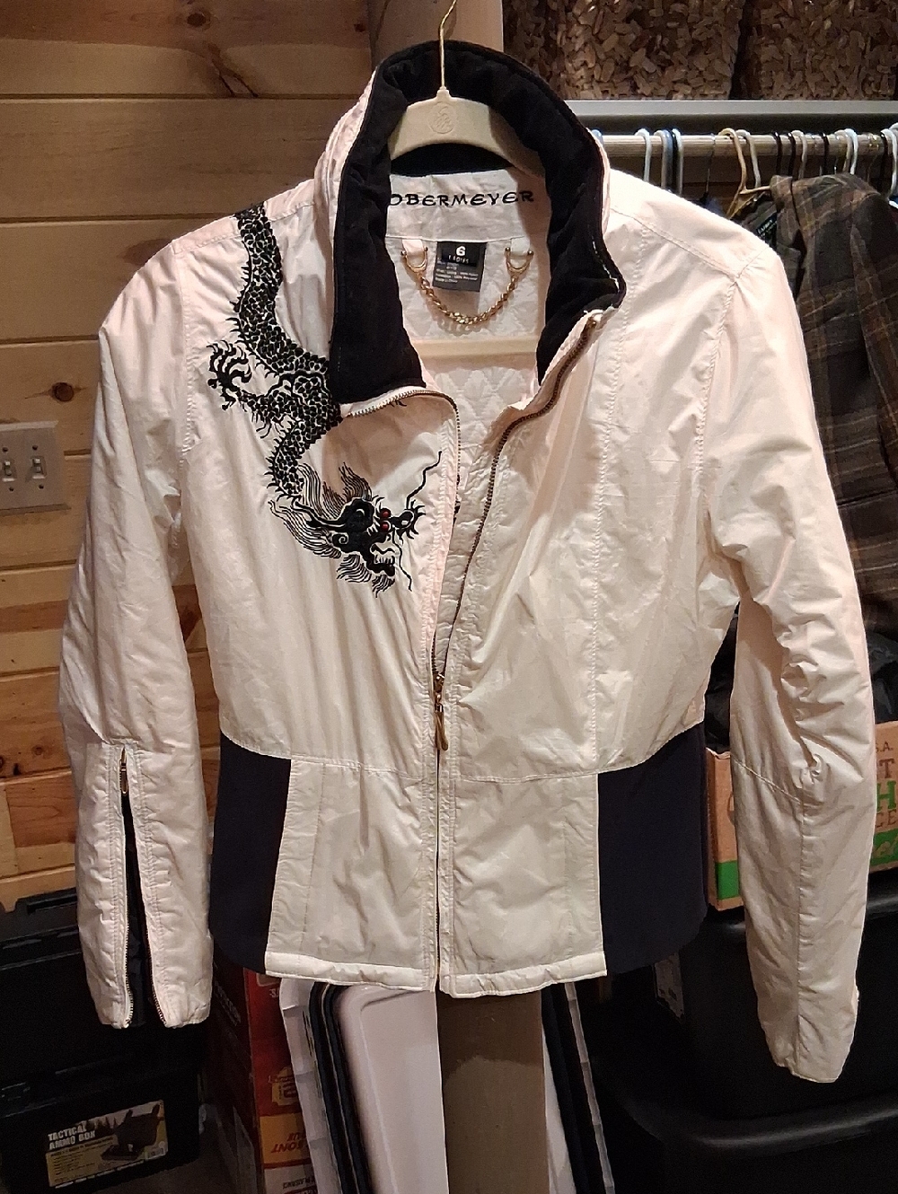 Obermeyer Cream Ski Jacket with Black Dragon Embroidery